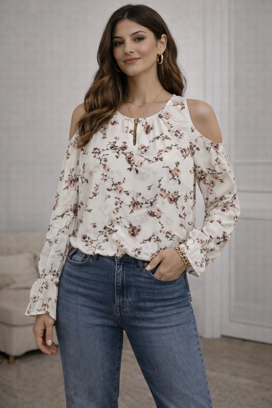 Pleione Cold Shoulder Floral Blouse Medium Romantic Cottagecore Boho Chic Top